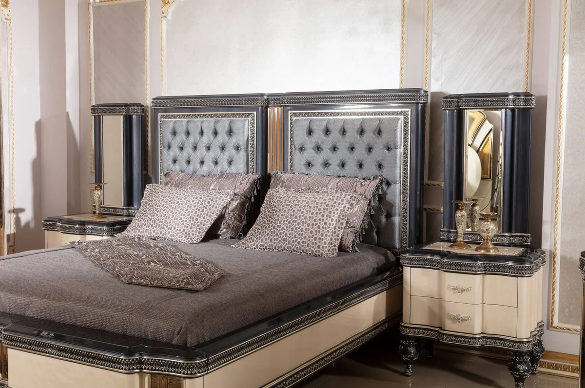 Luxury Baroque Bedroom Set Light Blue / Beige / Black / Gold - 1 Baroque Double Bed with Headboard & 2 Baroque Nightstands - Luxury Bedroom Furniture in Baroque Style - Baroque Interior