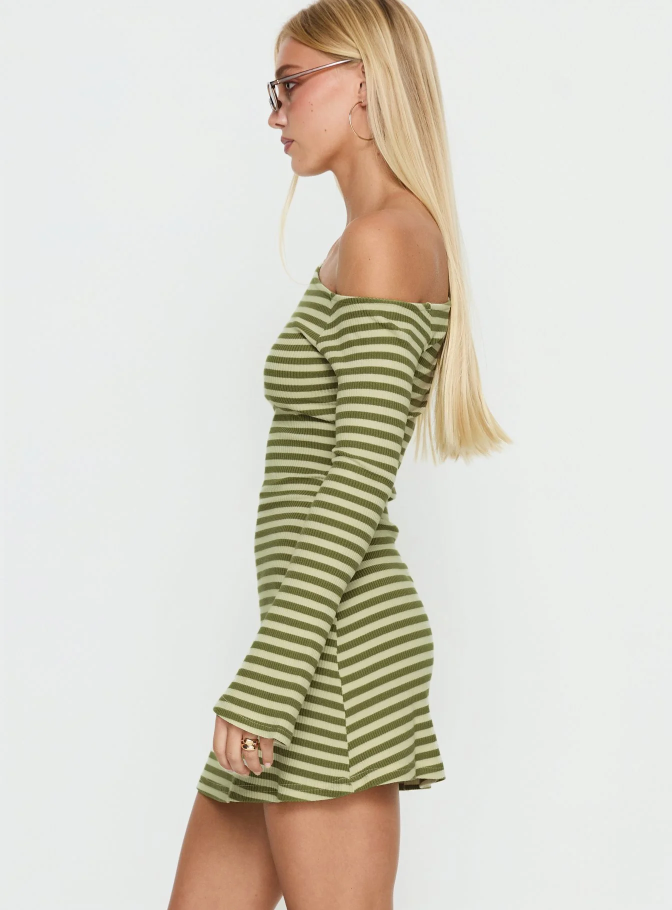 Adrietta Long Sleeve Off Shoulder Mini Dress Cream / Matcha Stripe