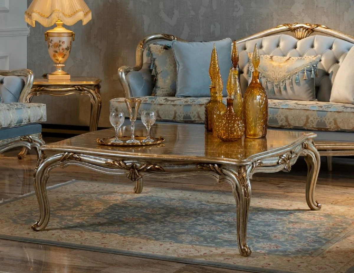 Luxury Baroque Coffee Table Silver / Gold - Handcrafted Solid Wood Living Room Table - Baroque Living Room Furniture