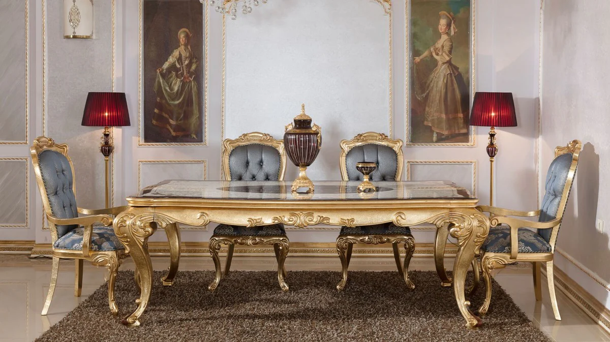 Luxury Baroque Dining Room Set Blue / White / Brown / Gold - 1 Baroque Dining Table & 6 Baroque Dining Chairs - Baroque Dining Room Furniture - Luxury Furniture in Baroque Style - Noble & Magnificent