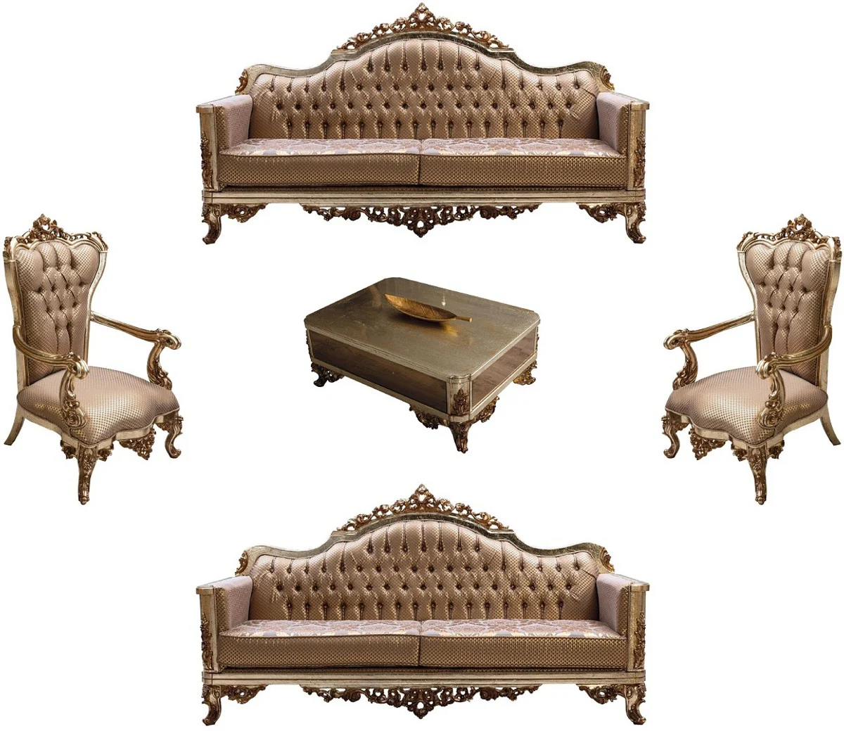 Luxury Baroque Living Room Set Copper / Antique Silver / Gold - 2 Baroque Sofas & 2 Baroque Armchairs & 1 Baroque Coffee Table - Luxury Living Room Furniture in Baroque Style - Baroque Furniture