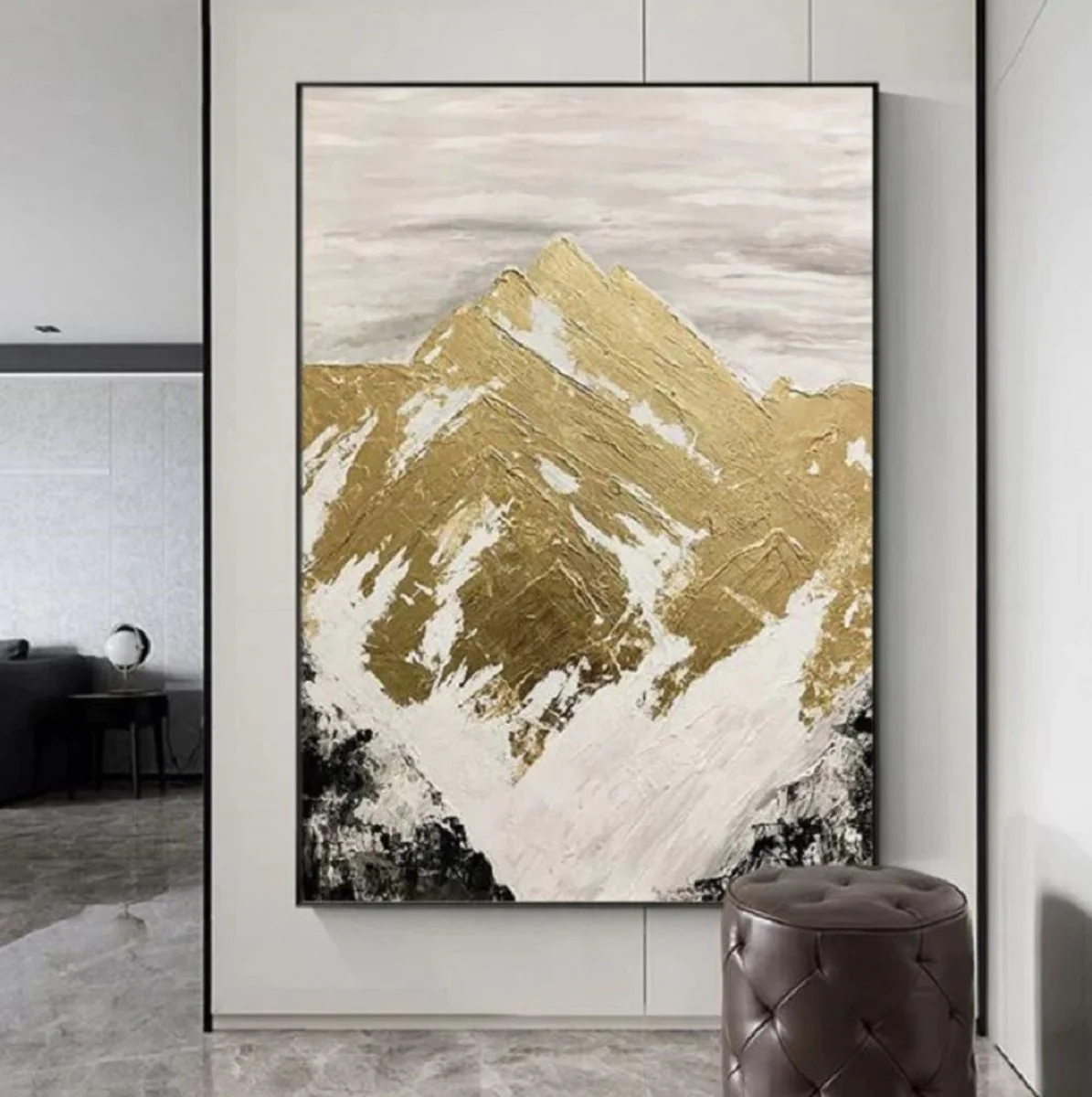 Luxury designer oil painting mountains gold / white / gray / black 120 x H. 170 cm - hand-painted painting with metal frame - luxury wall decoration - designer wall decoration - luxury quality