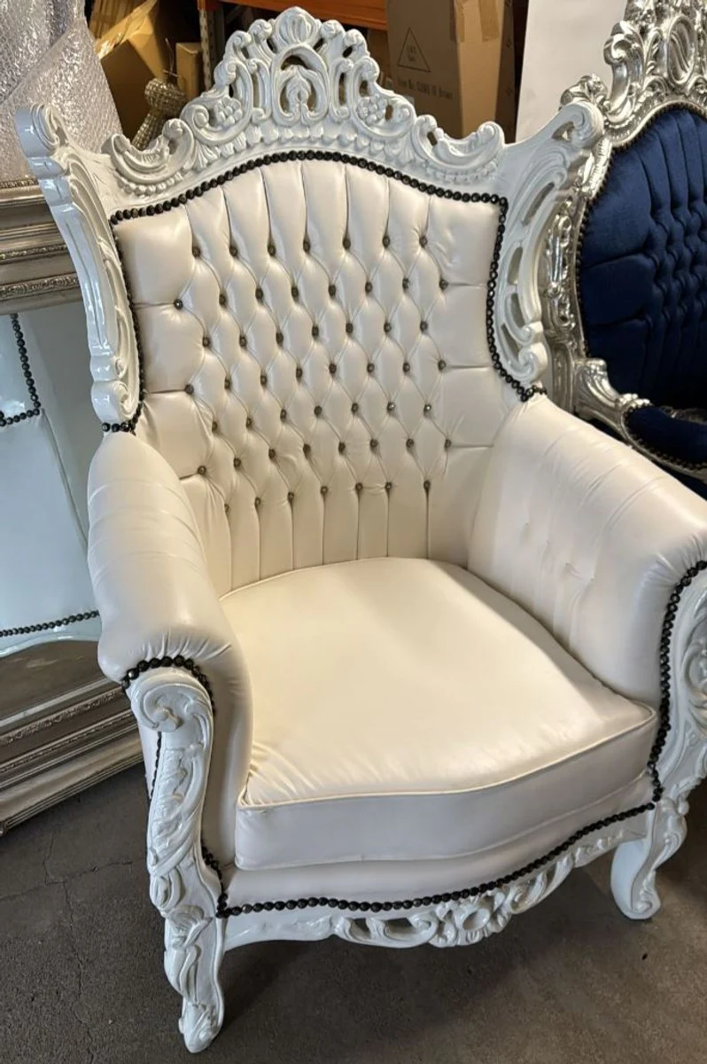 Baroque artificial leather armchair Al Capone with rhinestones white H. 128 cm