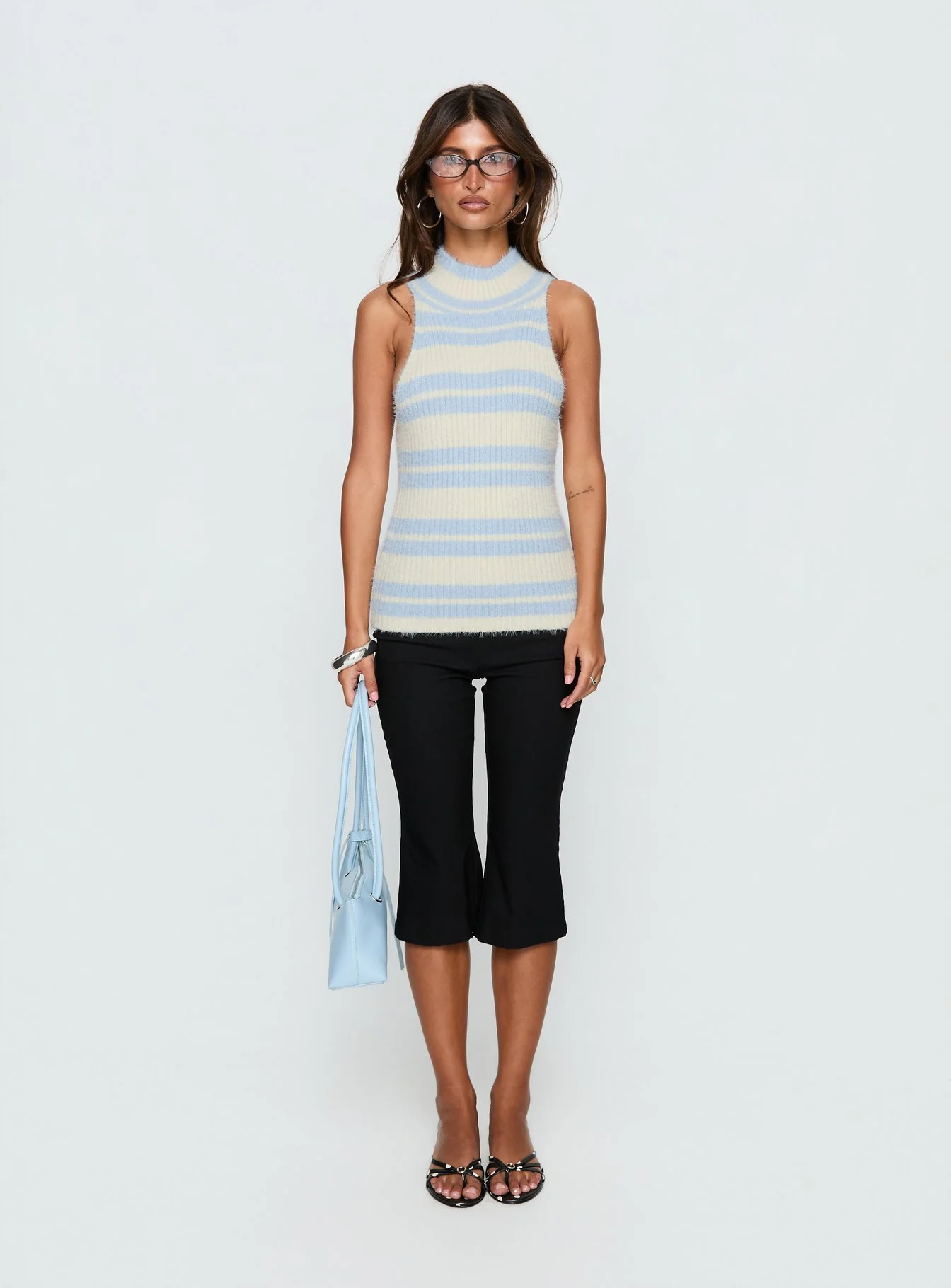 Heide High Neck Fluffy Top Blue Stripe