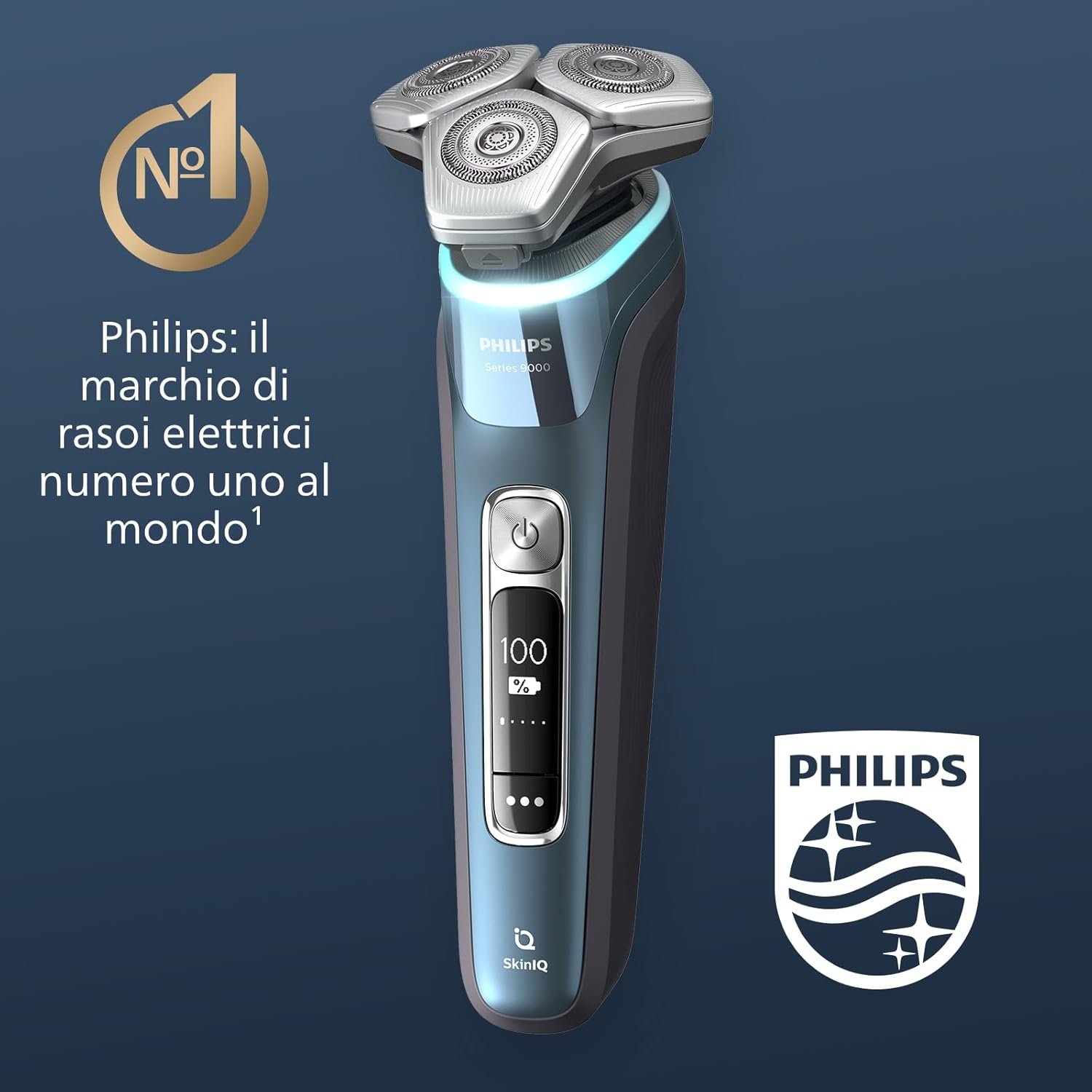 Rasoio Elettrico Serie 9000 a secco e umido, blu ghiaccio, rasatura Lift & Cut e tecnologia SkinIQ, rifinitore a scomparsa, regolabarba, base di pulizia e di ricarica (moo S9982/59)