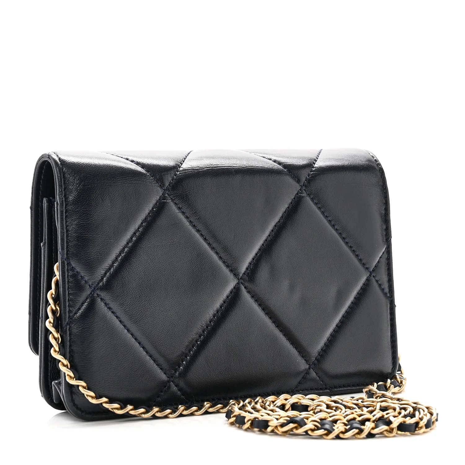 Lambskin Quilted Wallet On Chain WOC Navy - Top Club