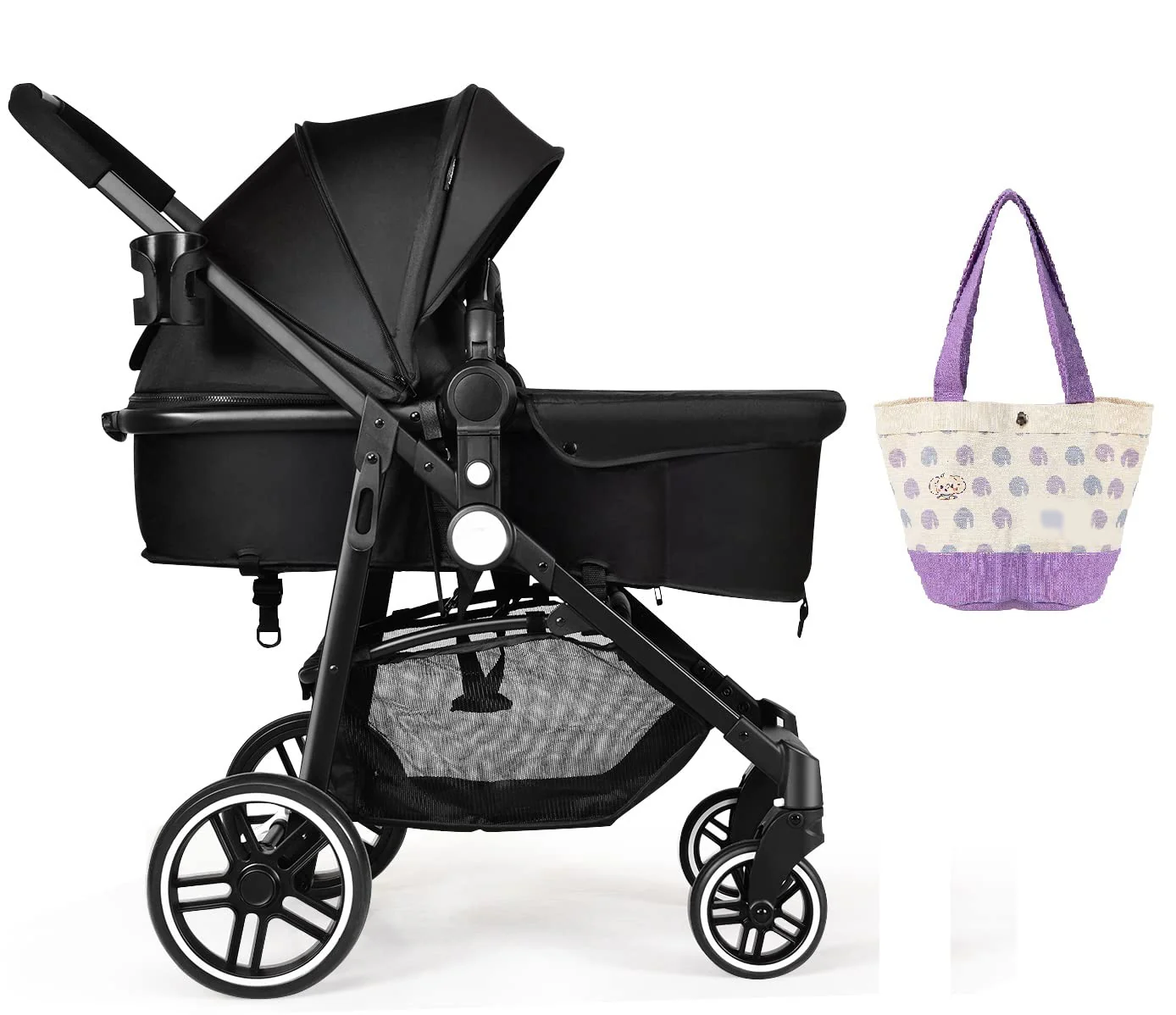 Stroller, Portrait Stroller and Reversible Bassinet, Foldable Stroller with Adjustable Canopy, Cup Holder, Storage Basket, Suspension Wheels (Black)