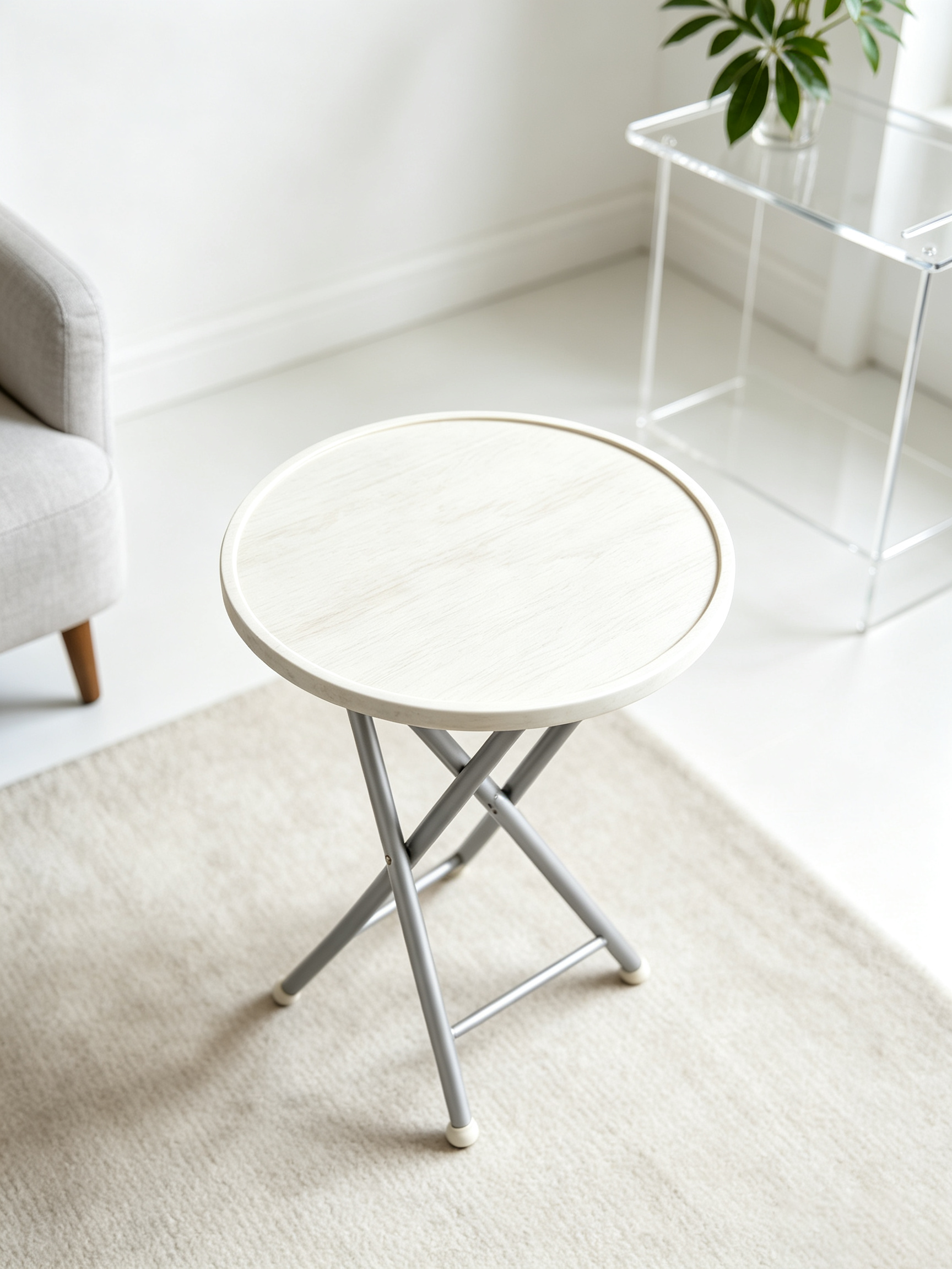 Round Folding Side Table with Wood Tabletop & Metal Frame