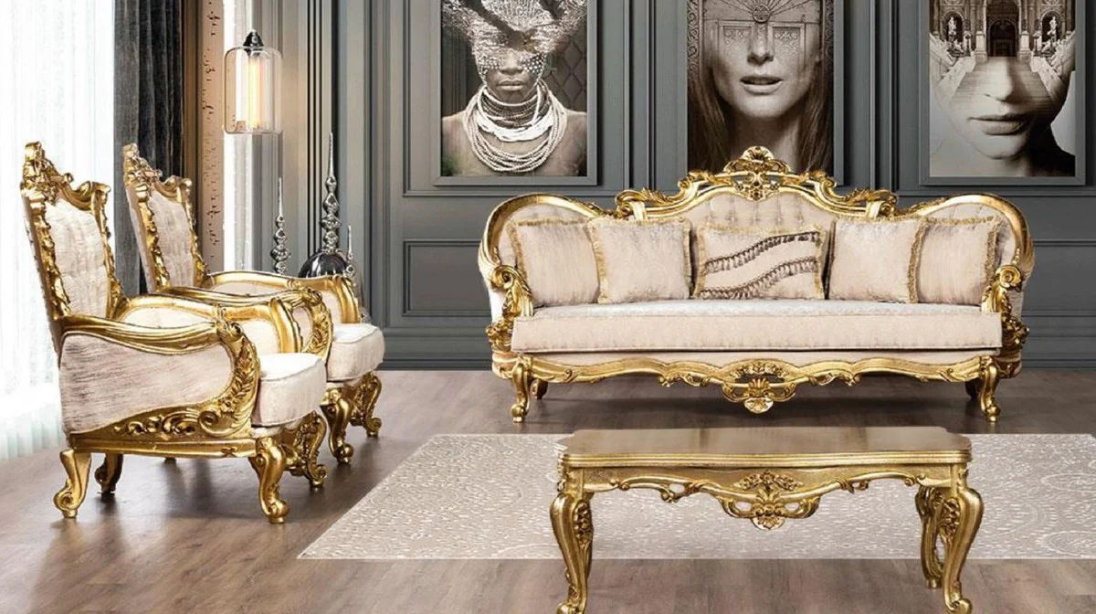 Luxury Baroque Living Room Set Cream / Gold - 2 Baroque Sofas & 2 Baroque Armchairs & 1 Baroque Coffee Table - Baroque Living Room Furniture