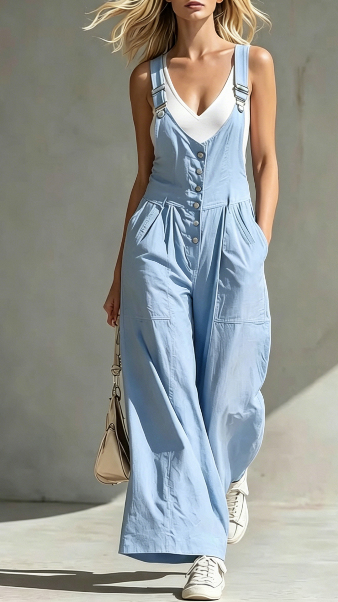 Women's V-Neck Jumpsuit with Pockets, Zipper, Buttons, Open Back, and Waist-Cinching Straps - Nordfashionstorm - Women's Clothing, Fashion for You - Nordfashionstorm.com