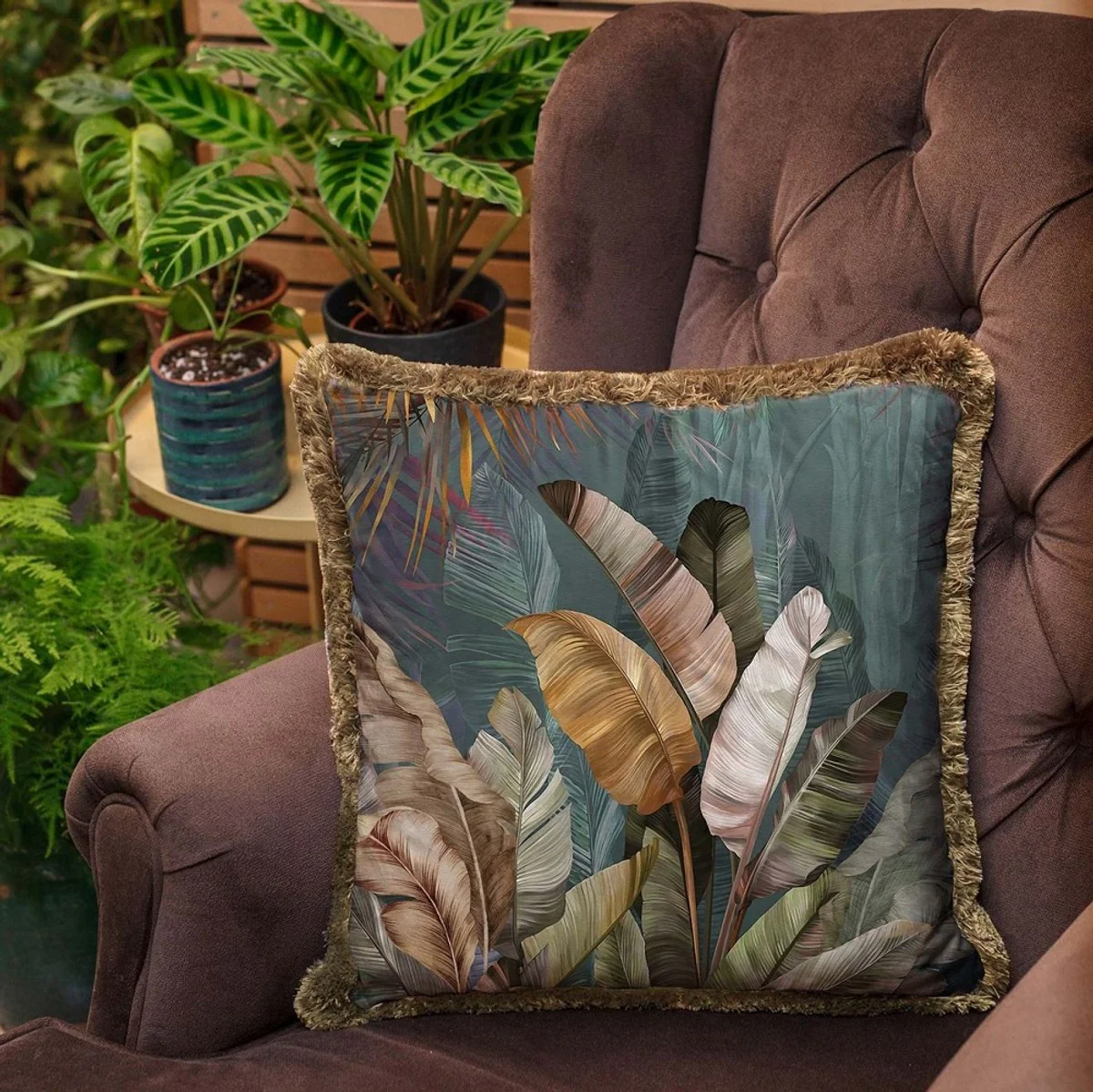 Luxury decorative cushion shrubs multicolored / brown 45 x 45 cm - printed velvet cushion with fringes - luxury decorative accessories
