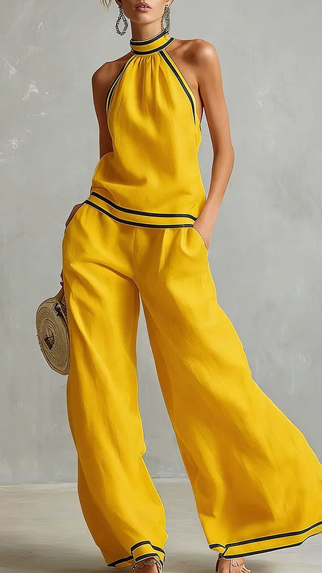 Women's Cotton-Blend Light Blue Halter Contrast Trim Wide-Leg Pants Set - Nordfashionstorm - Women's Clothing, Fashion for You - Nordfashionstorm.com