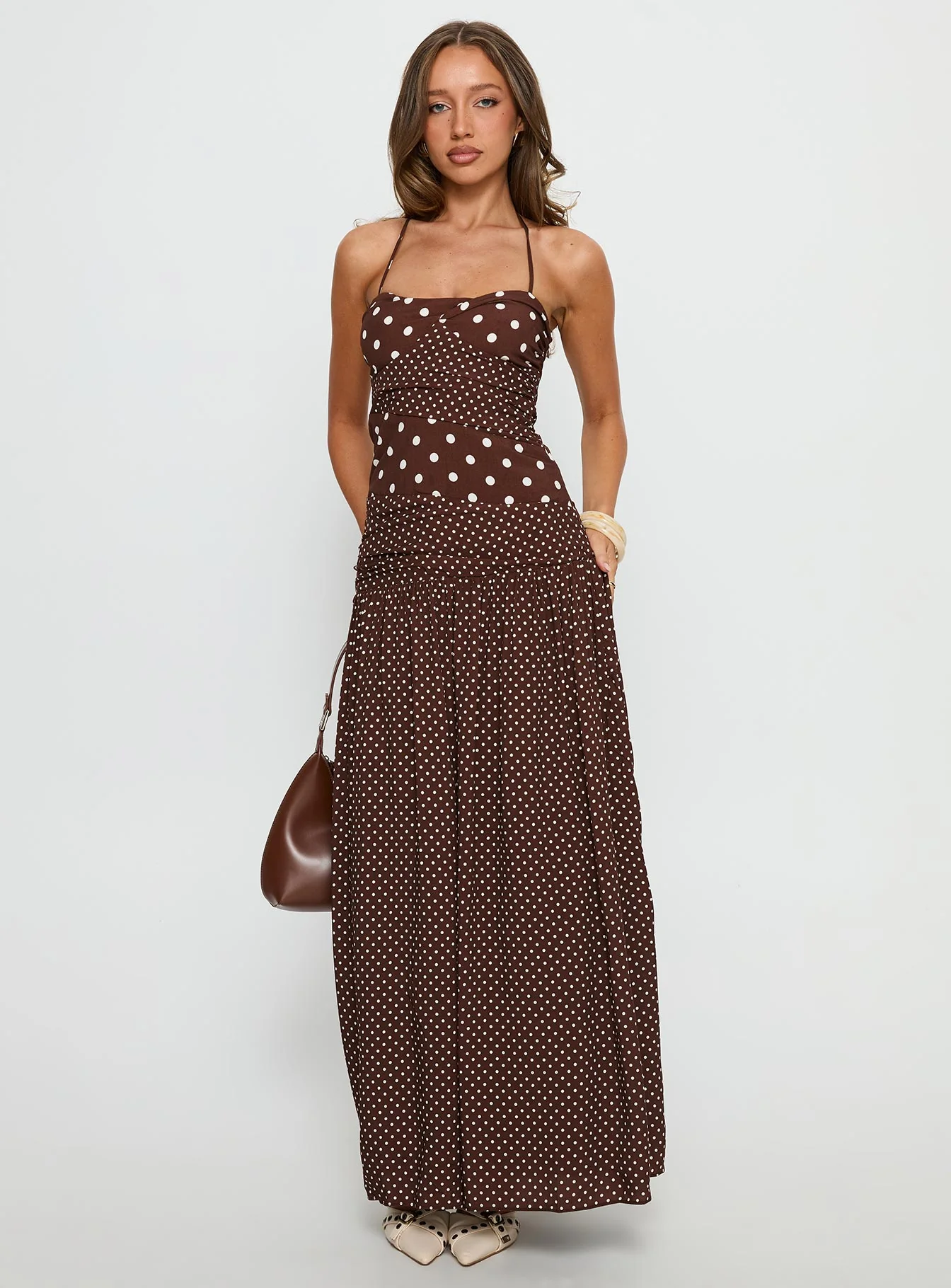 Marguerite Halter Maxi Dress Brown Polka Dot