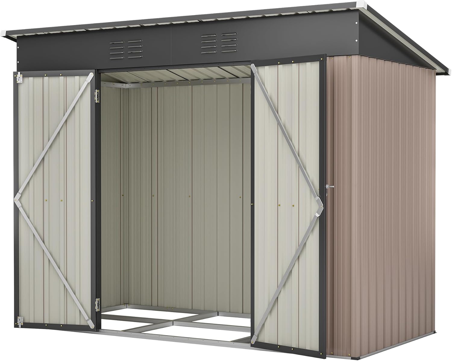 Casetta in metallo con tetto, 229 x 111 x 182 cm, capanno da giardino, include base in metallo (senza pavimento), colore marrone