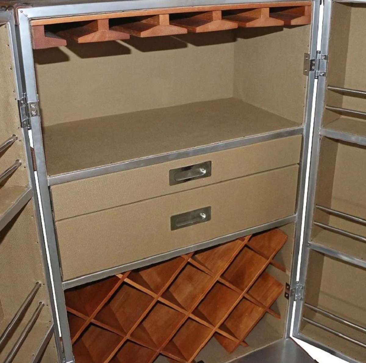 Luxury wine cabinet silver / brown 63 x 52 x H. 130 cm - aluminum suitcase cabinet with real leather - bar cabinet in suitcase design - luxury bar furniture