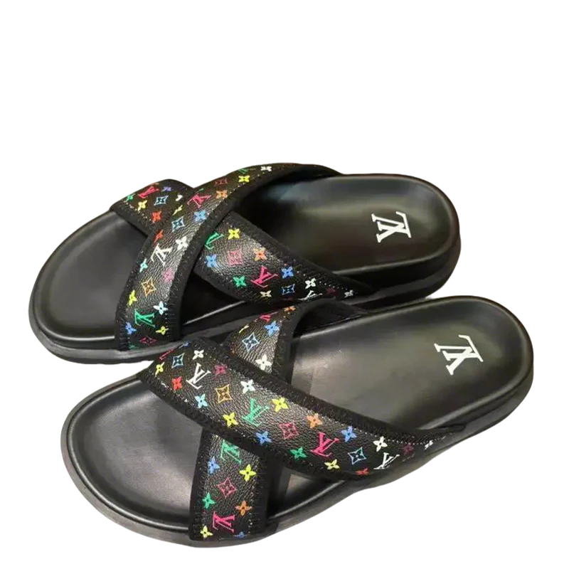 Louis Vuitton Men's Colorful Monogram Cross Strap Slide Sandals - Sneaker Replica Workshop