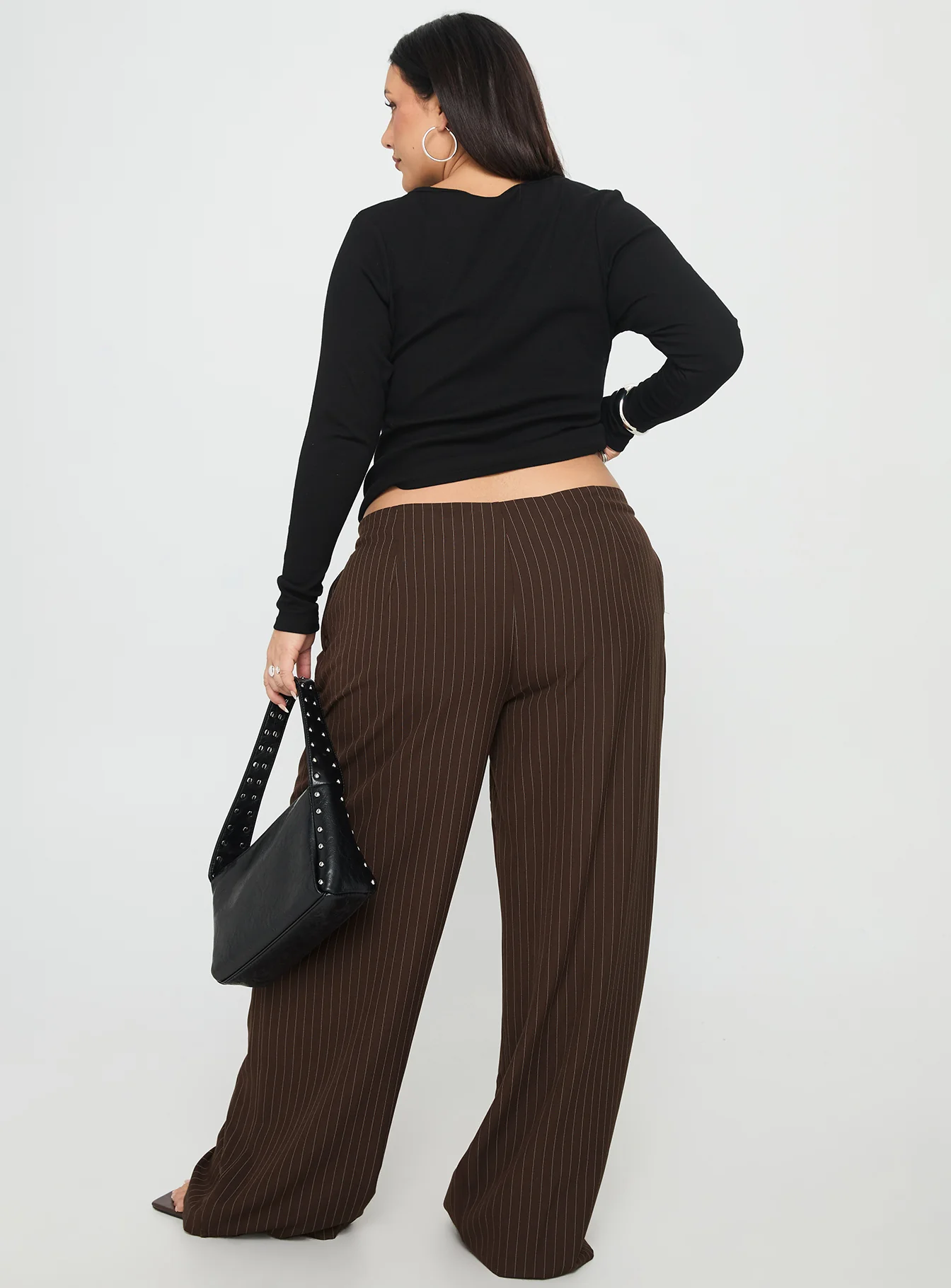 Khane Low Rise Wide Leg Pant Brown Pinstripe Curve