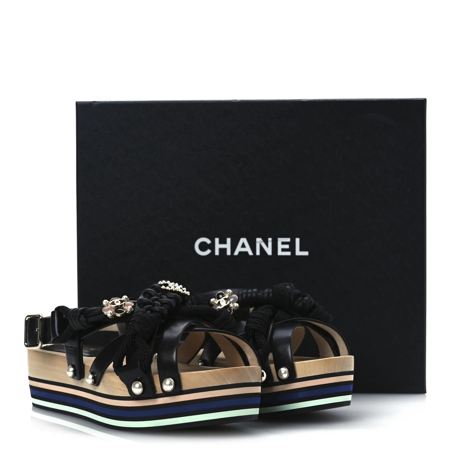 Calfskin Cord Pearl CC Sandals 38 Black - Top Club