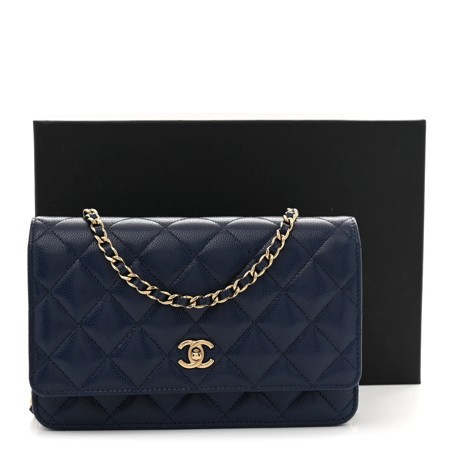 Caviar Quilted CC Turnlock Wallet On Chain WOC Navy Blue - Top Club