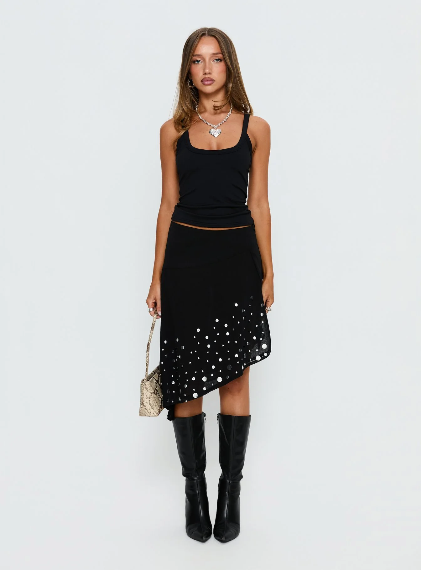 Jezabela Asymmetrical Stud Midi Skirt Black