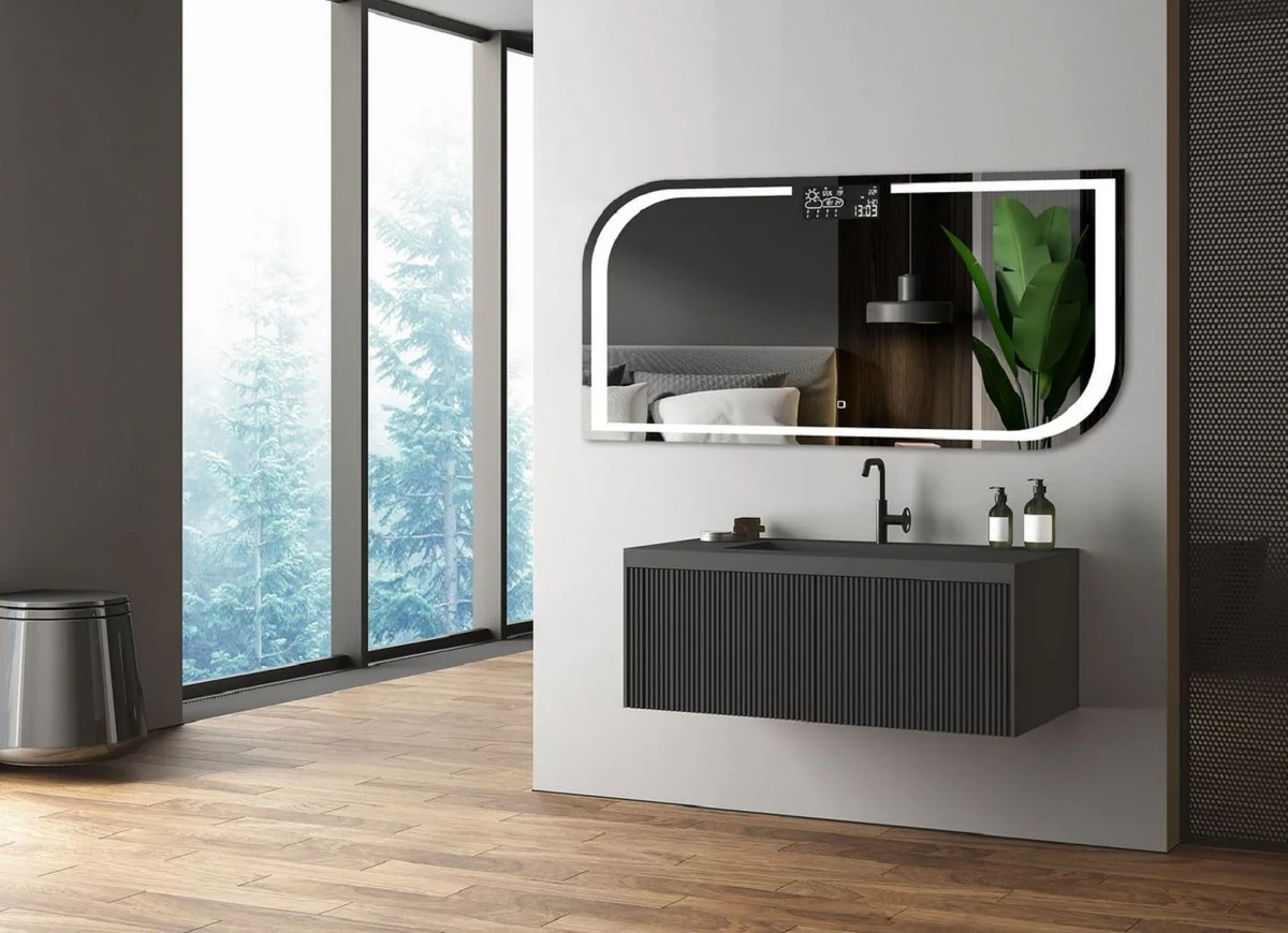 Luxury bathroom mirror 120 x 2.5 x H. 60 cm - wall mirror with LED lighting and integrated weather station - luxury bathroom furniture