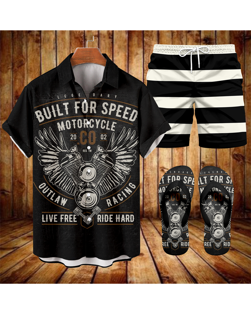 Suitmens Men's Modified Motorcycle Print Shirt Three-Piece Set 064