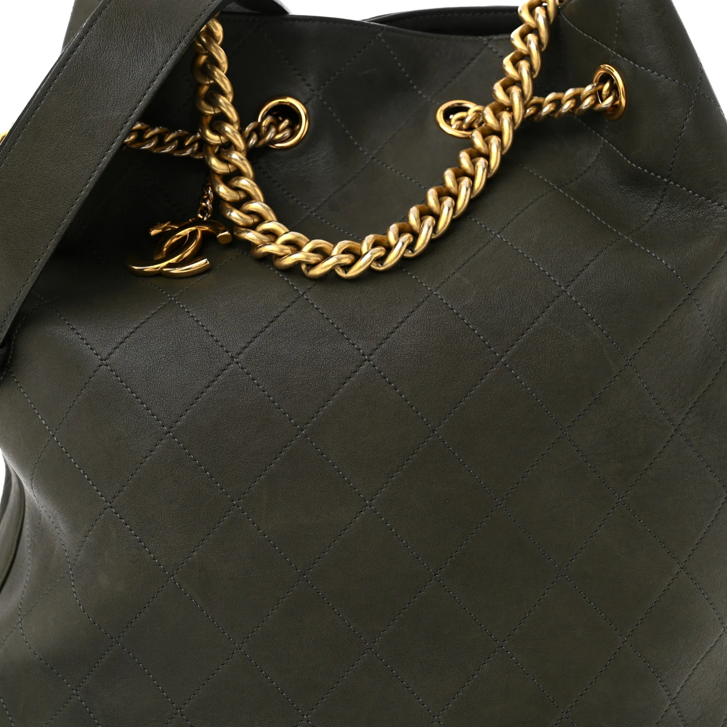 Calfskin Quilted Small On My Shoulder Drawstring Bag Dark Green - Top Club