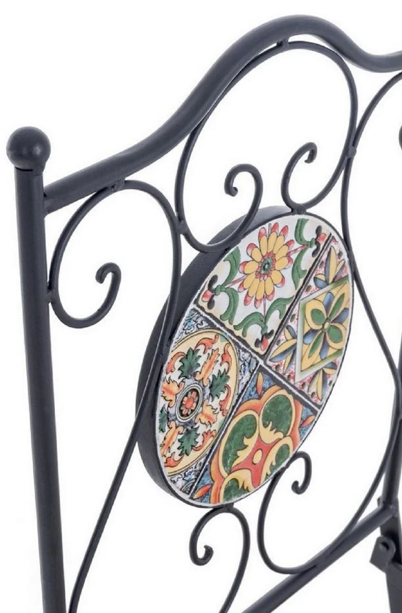 Art Nouveau garden chair set of 6 black / multicolored 39 x 47 x H. 92 cm - folding chairs with ceramic plates - nostalgic garden & catering furniture