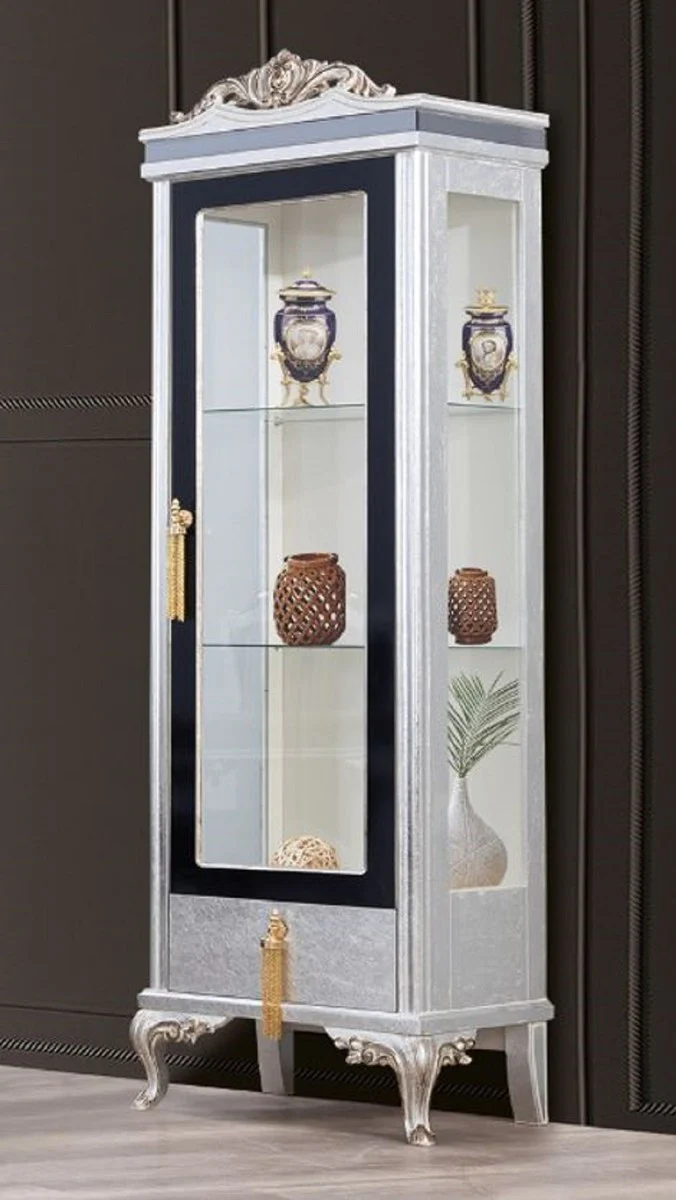 Luxury Baroque Display Cabinet Silver / Black / Gold - Handcrafted Solid Wood Display Cabinet - Baroque Living Room Furniture