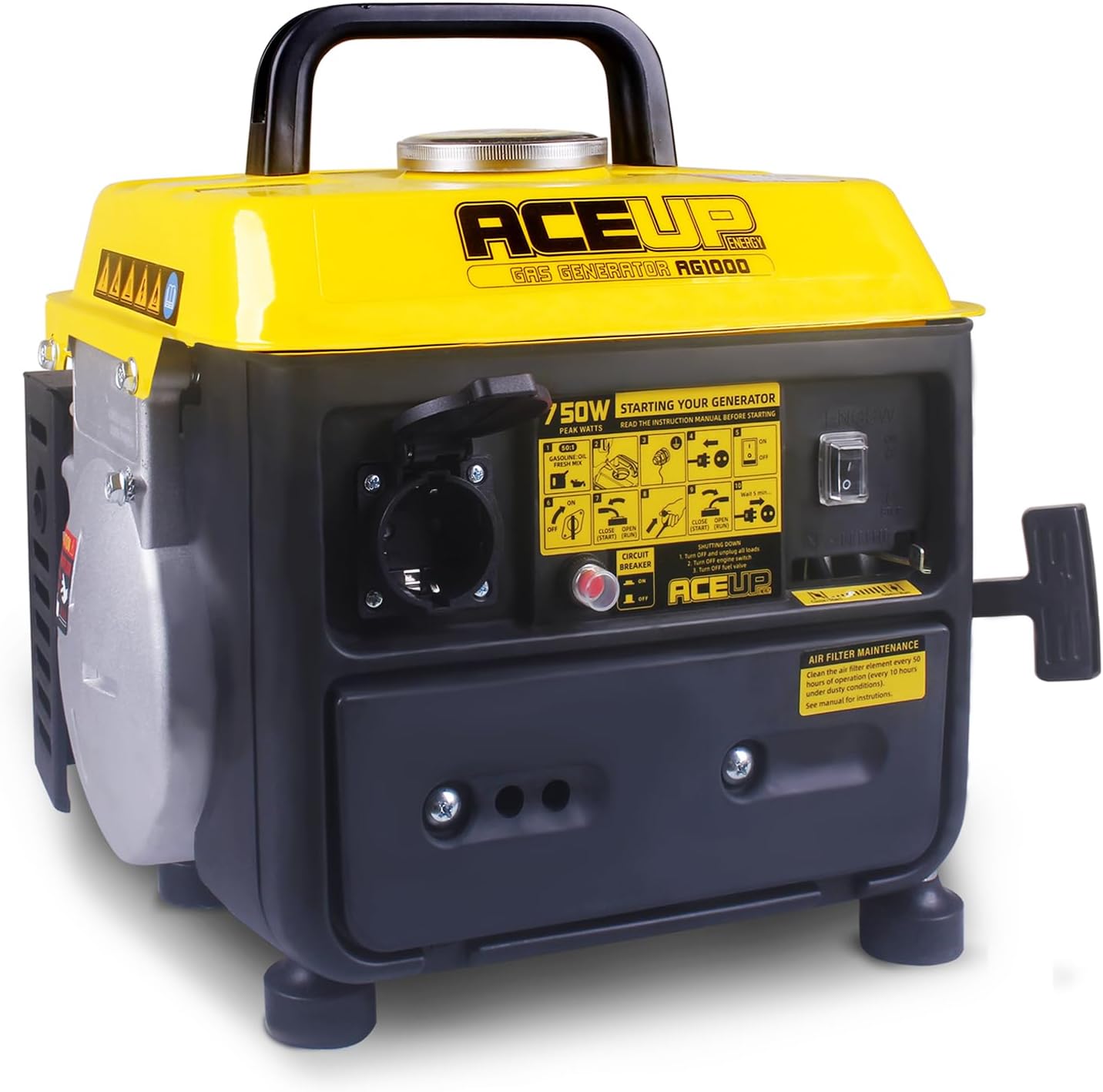 Aceup Energy Generatore di Corrente Portatile Ultraleggero, Piccolo Generatore di Emergenza da 750 W con Prese da 230 V, Motore a Benzina 2 Tempi, Funziona per 6 ore, EURO-V, CE