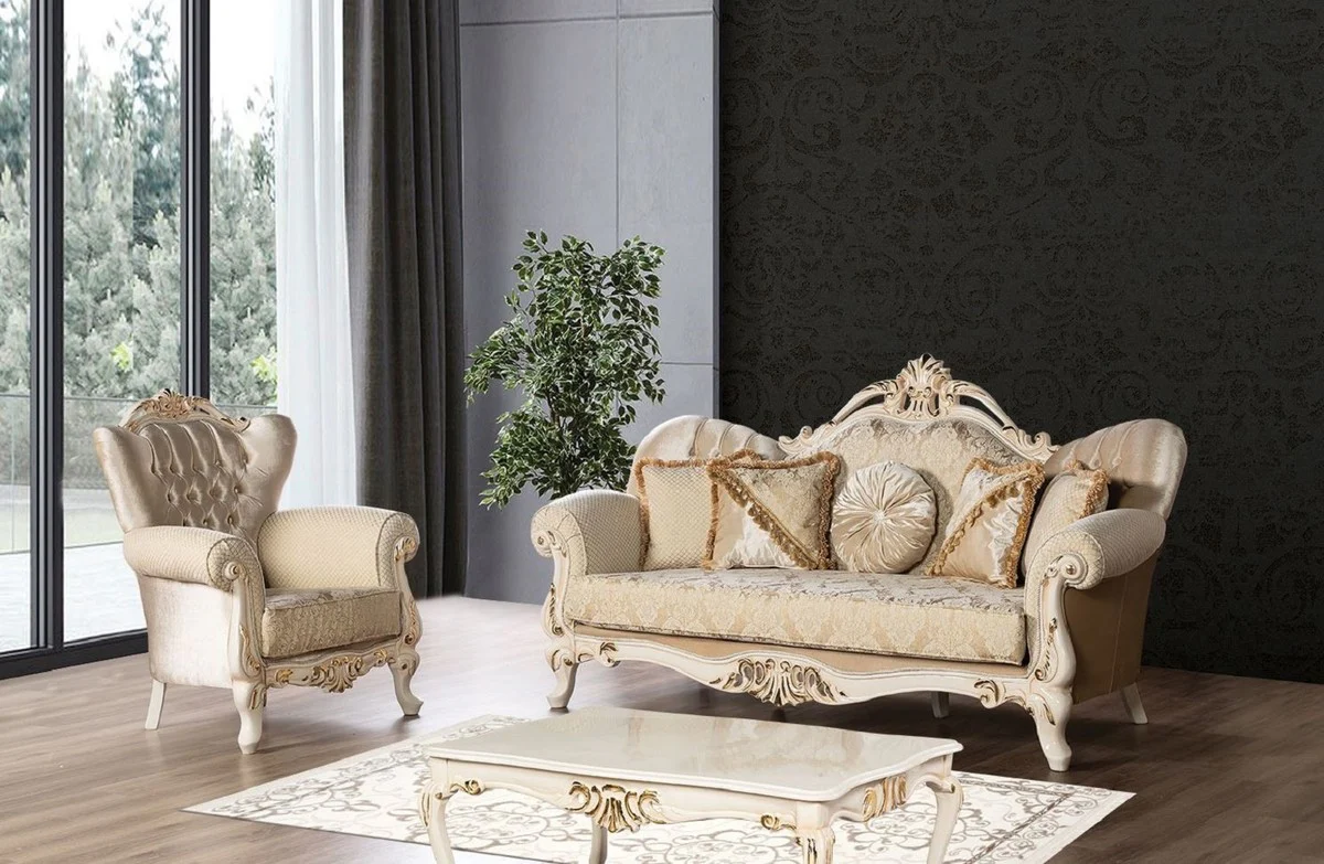 Luxury Baroque Coffee Table Cream / Gold - Handcrafted Solid Wood Living Room Table in Baroque Style - Baroque Living Room Furniture