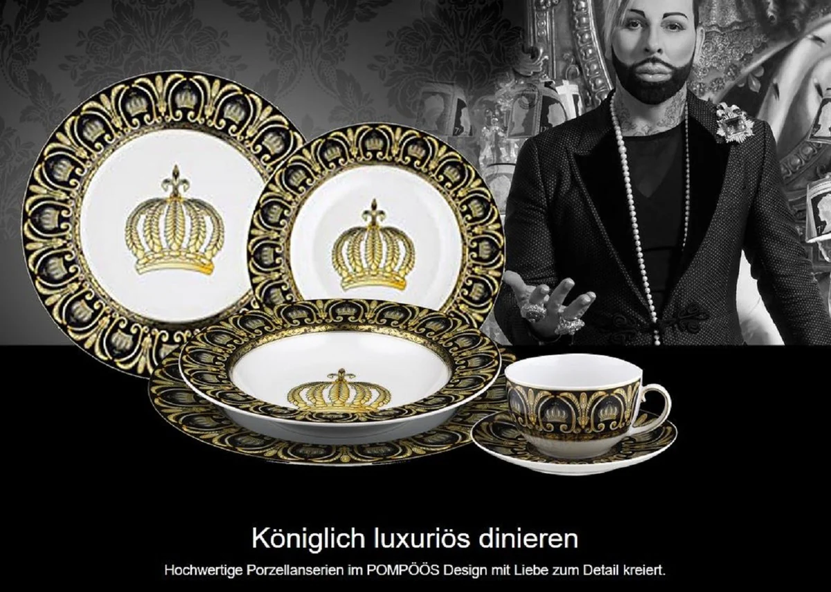 Harald Glööckler Pompöös soup plate with crown white / black / gold Ø 22.3 x H. 3.7 cm - round porcelain plate - designed by Harald Glööckler