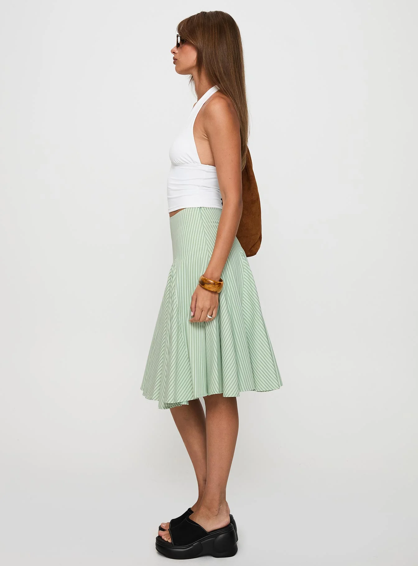 Evangaleine Pleat Midi Skirt Green / White