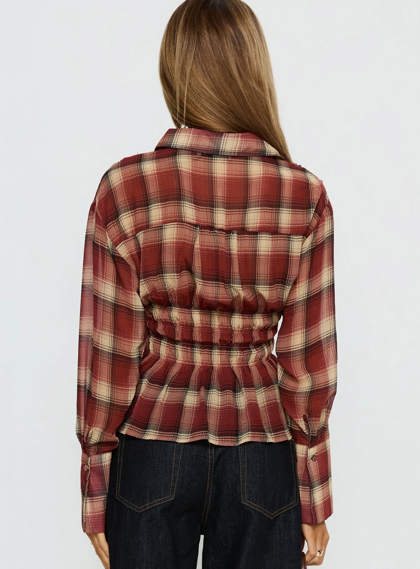 As You Are Shirred Button Up Top Red Check
