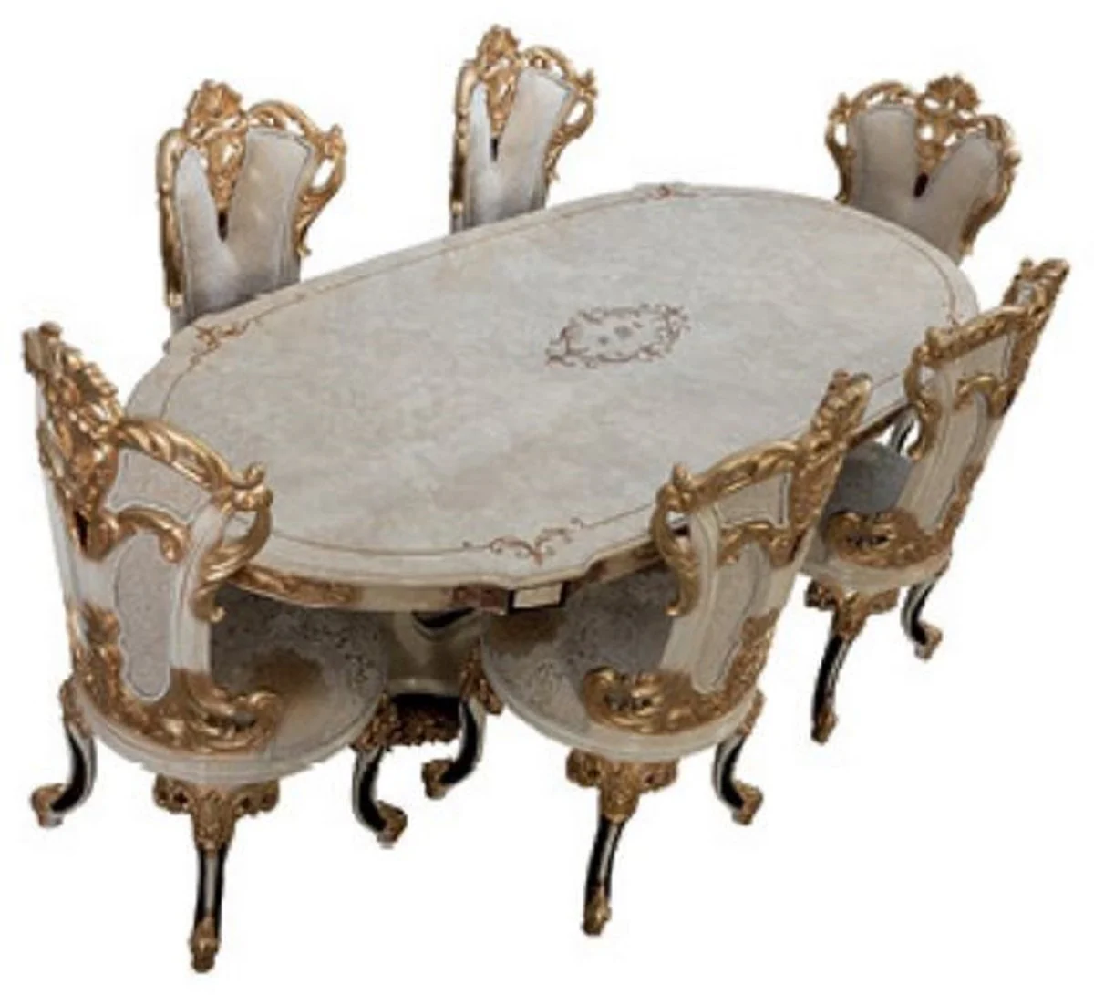 Luxury Baroque Dining Room Set Cream / White / Gold - 1 Baroque Dining Table & 6 Baroque Dining Chairs - Baroque Dining Room Furniture - Luxury Furniture in Baroque Style - Noble & Magnificent