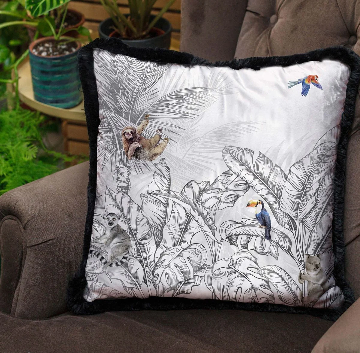 Luxury decorative cushion jungle & animals gray / multicolored / black 45 x 45 cm - printed velvet cushion with fringes - luxury decorative accessories