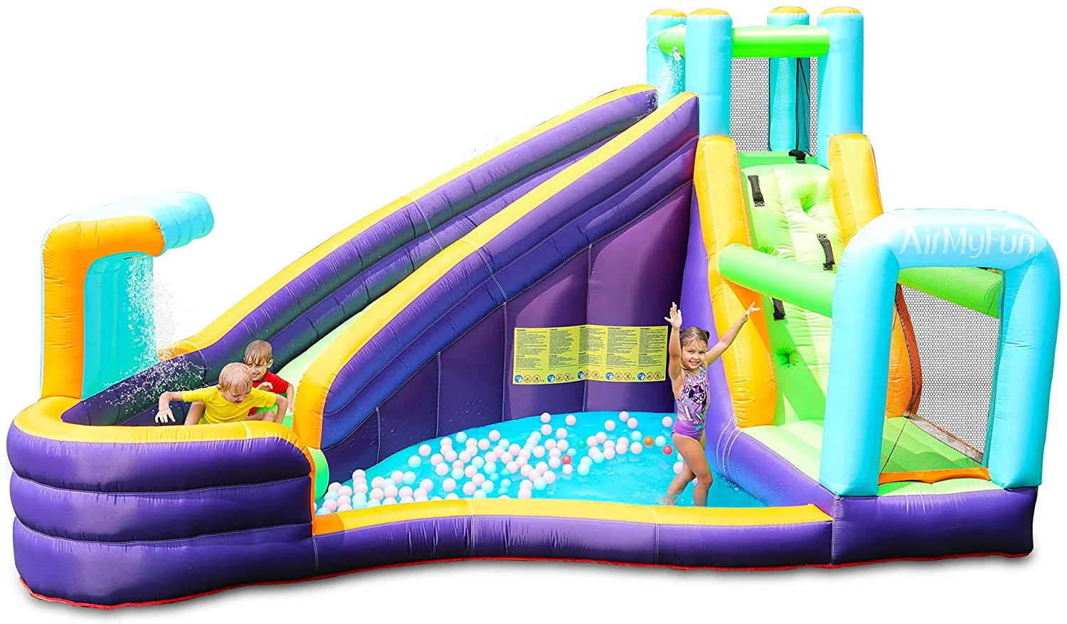 AirMyFun Inflatable Water Slide, Wet and Dry Water Bouncy House, Kids Bouncy House Water Park with Air Blower, Water Spray, Paddling Pool, A83021