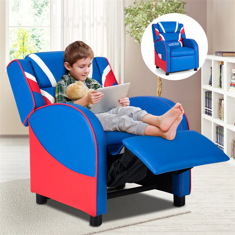 Kids Recliner Chair, Adjustable PU Leather Gaming Sofa with Footrest, Lumbar Support & Side Pockets, Ergonomic Children Lounge Armchair