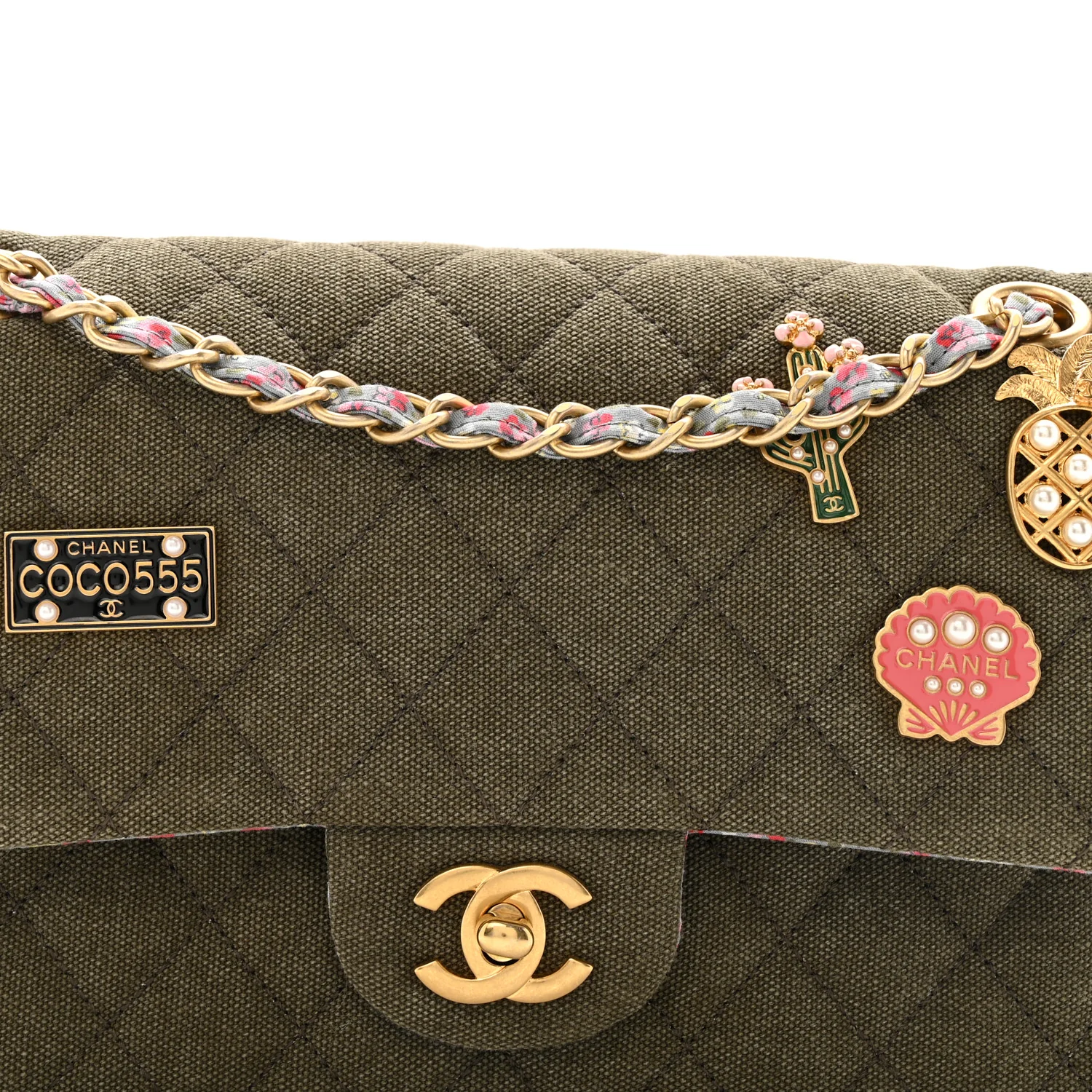 Canvas Quilted Coco Cuba Charms Medium Double Flap Khaki - Top Club