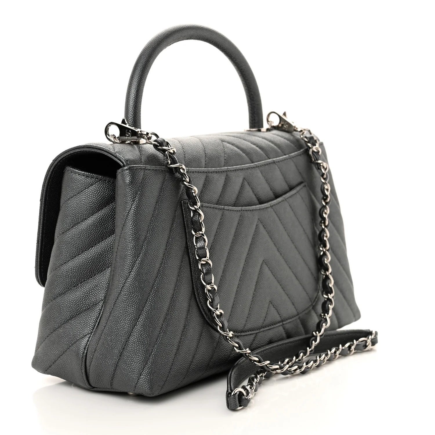 Metallic Caviar Chevron Quilted Small Coco Handle Flap Dark Silver - Top Club