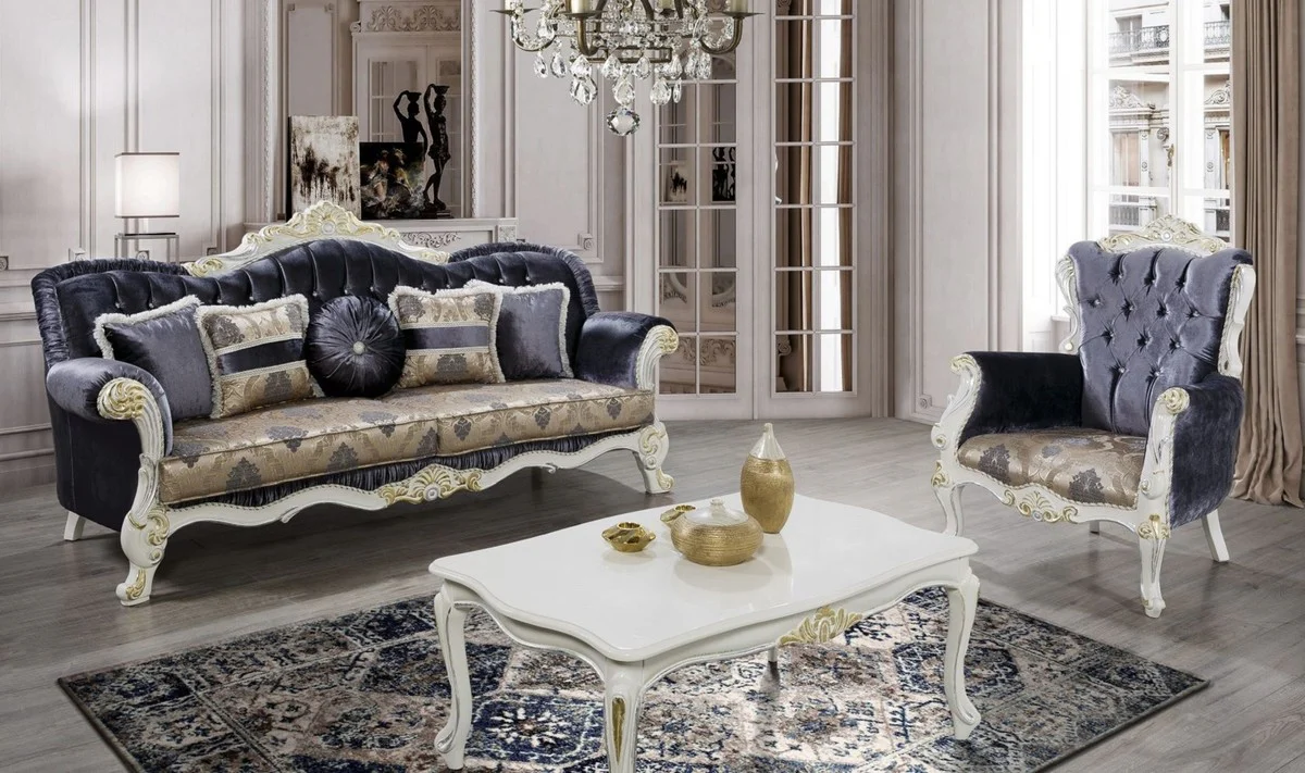 Luxury Baroque Sofa Purple / Multicolored / White / Gold - Magnificent solid wood living room couch with glittering stones and elegant pattern - Baroque living room furniture