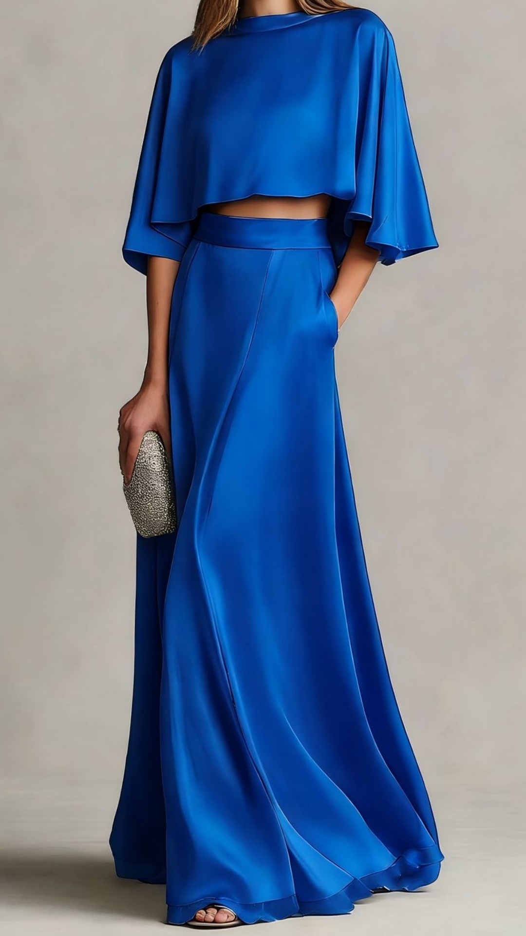 Women's Two-Piece Satin Maxi Dress Set with Shawl Sleeves - Nordfashionstorm - Women's Clothing, Fashion for You - Nordfashionstorm.com