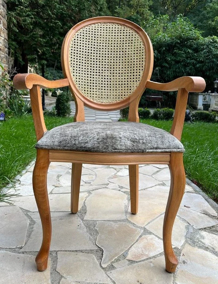 Luxury Baroque Dining Room Chair Gray / Natural / Brown - Handmade Baroque Style Chair with Armrests - Dining Room Furniture in Baroque Style - Noble & Magnificent