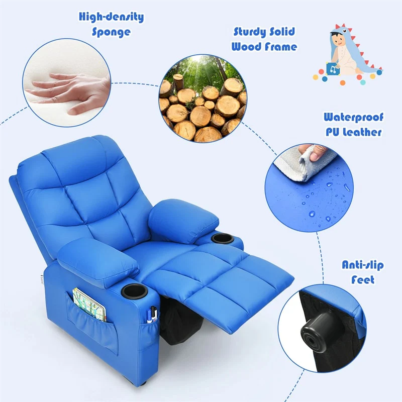 Kids Recliner Chair PU Leather Adjustable Lounge Sofa with Cup Holder, 3 Pockets & Retractable Footrest, Ergonomic Toddler Furniture Sofa