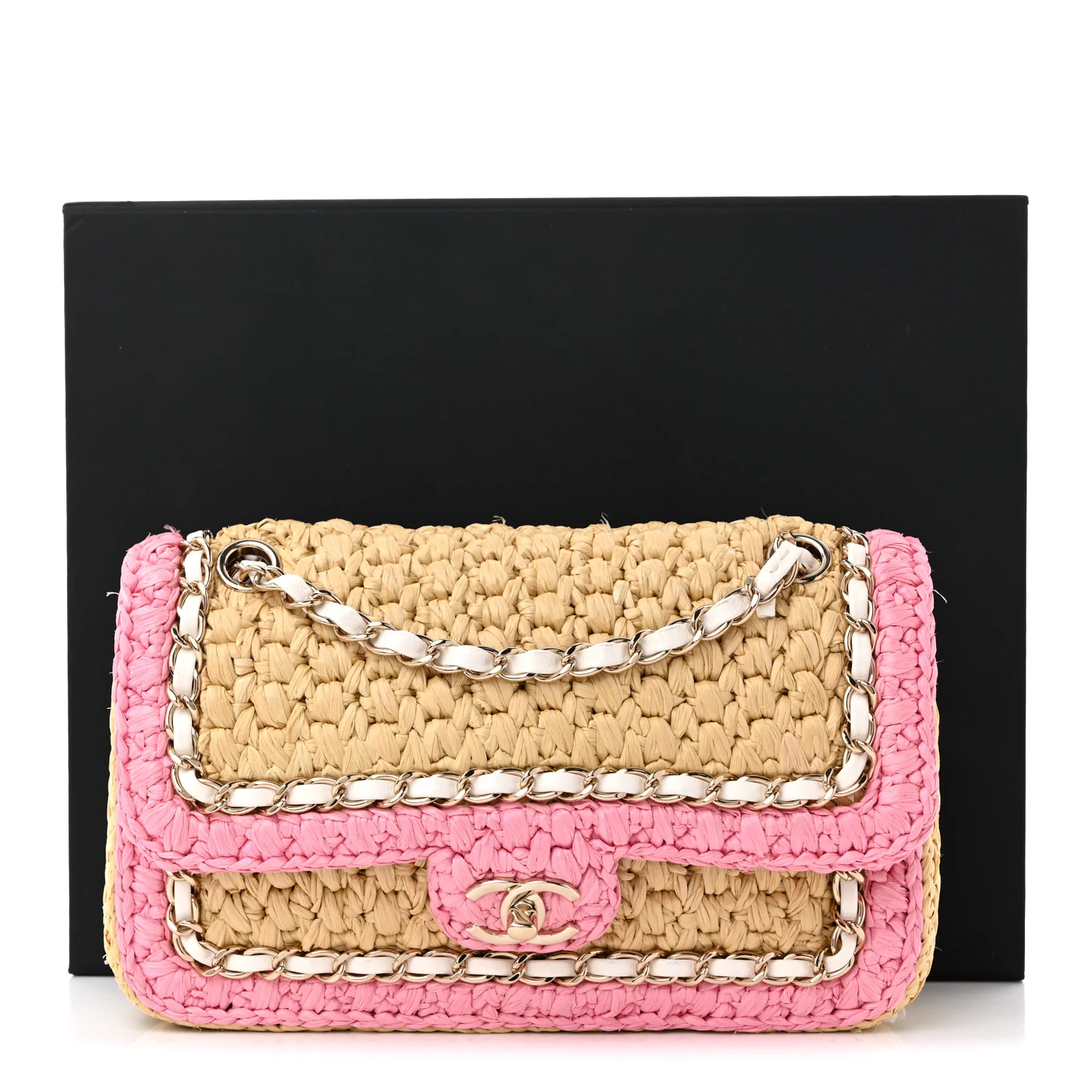Raffia Chain Venice Beach Flap Bag Beige Pink - Top Club