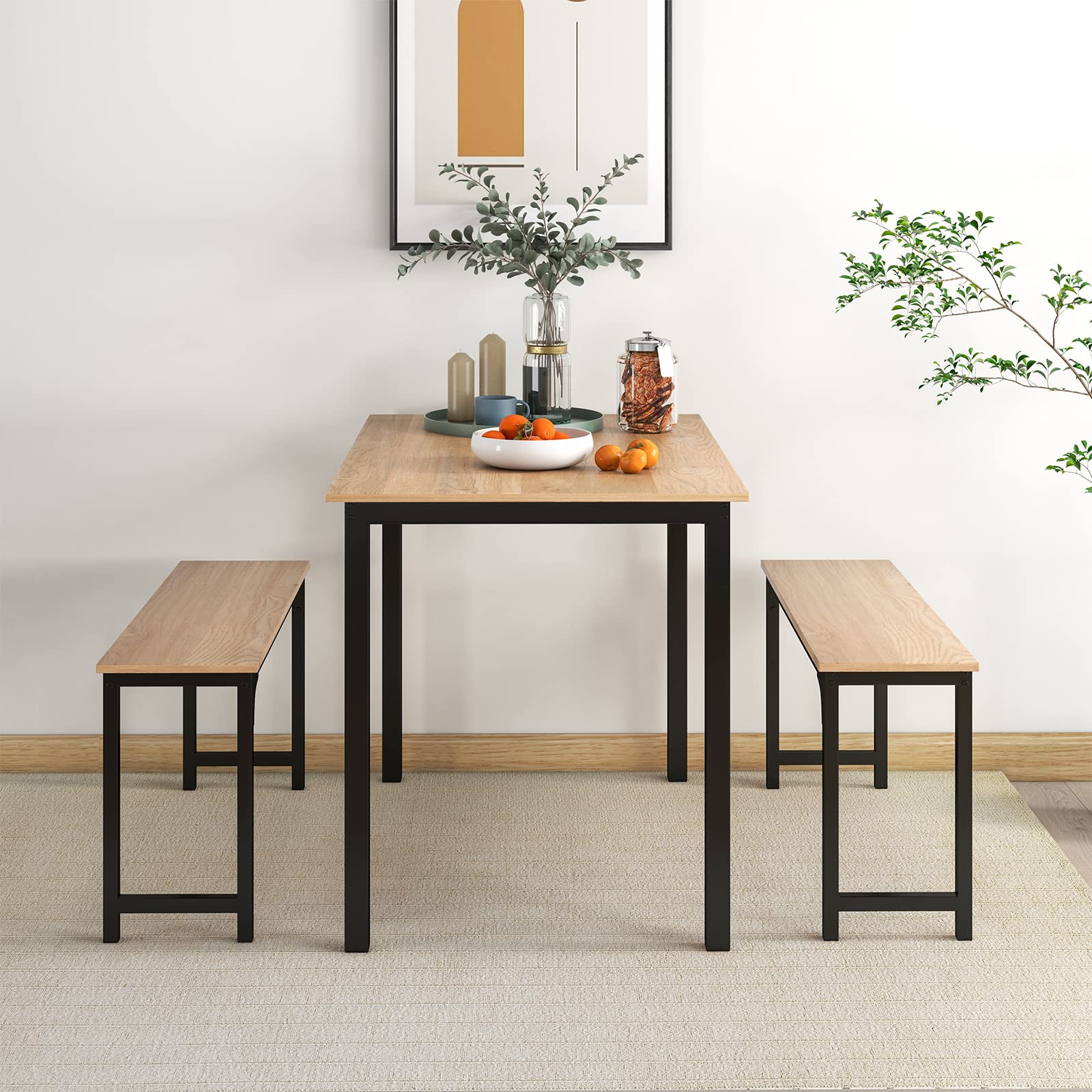 BEFOUNDLOVELY Dining Table Set with 2 Benches, Industrial Kitchen Table & Chairs with Metal Frame