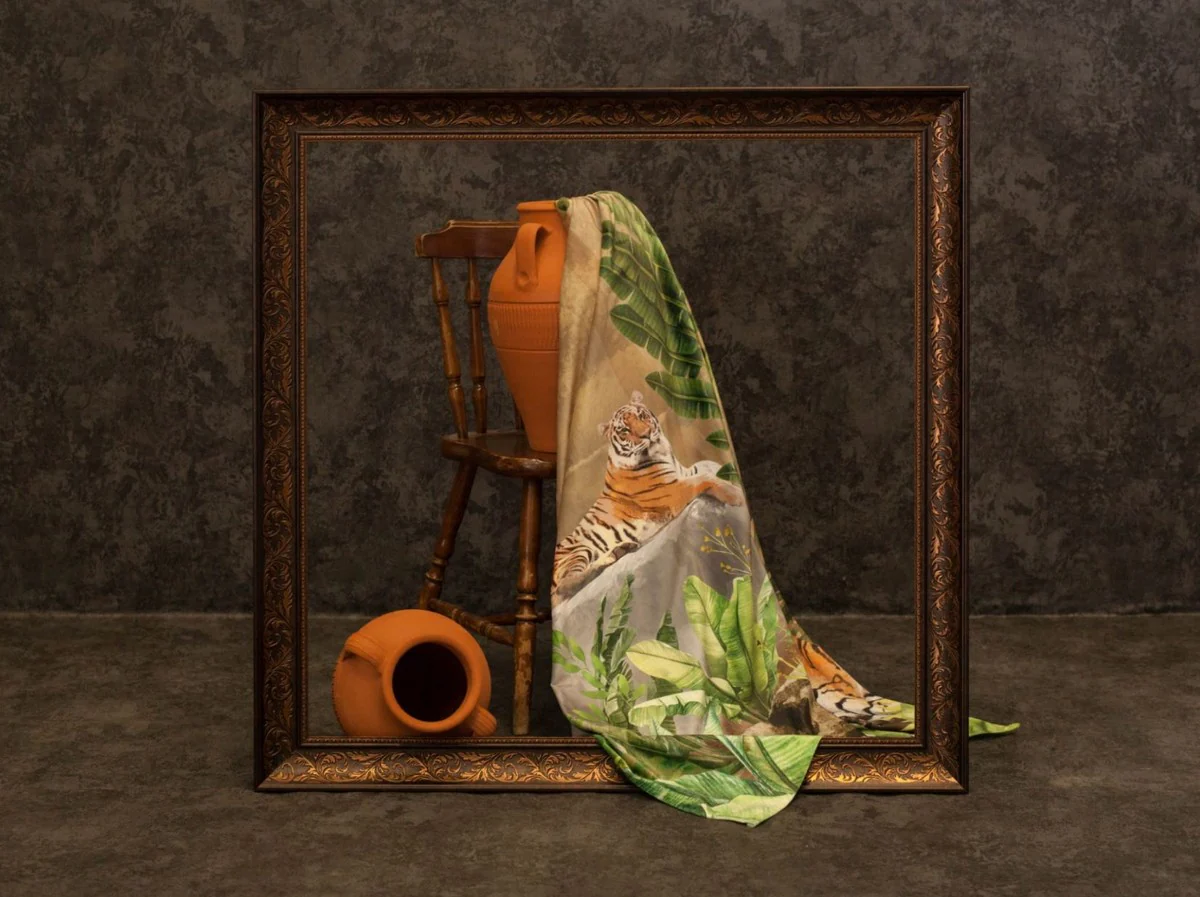 Luxury Curtain Set Jungle & Tiger Multicolored 250 x H. 290 cm - Printed Linen & Velvet Curtains - Eyelet Curtains - Sliding Curtains - Living Room Bedroom Curtains