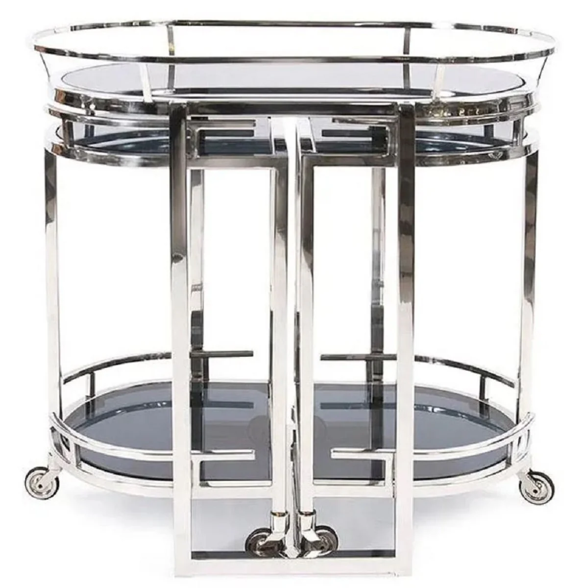 Serving trolley silver / black 79 x 46 x H. 84 cm - Oval metal trolley with glass plates - Hotel Restaurant Gastronomy Trolley - Hotel & Restaurant Accessories