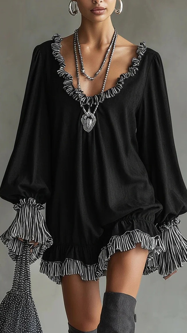 Women's Slimming Retro Black Dress with Ruffled Trim - Nordfashionstorm - Women's Clothing, Fashion for You - Nordfashionstorm.com