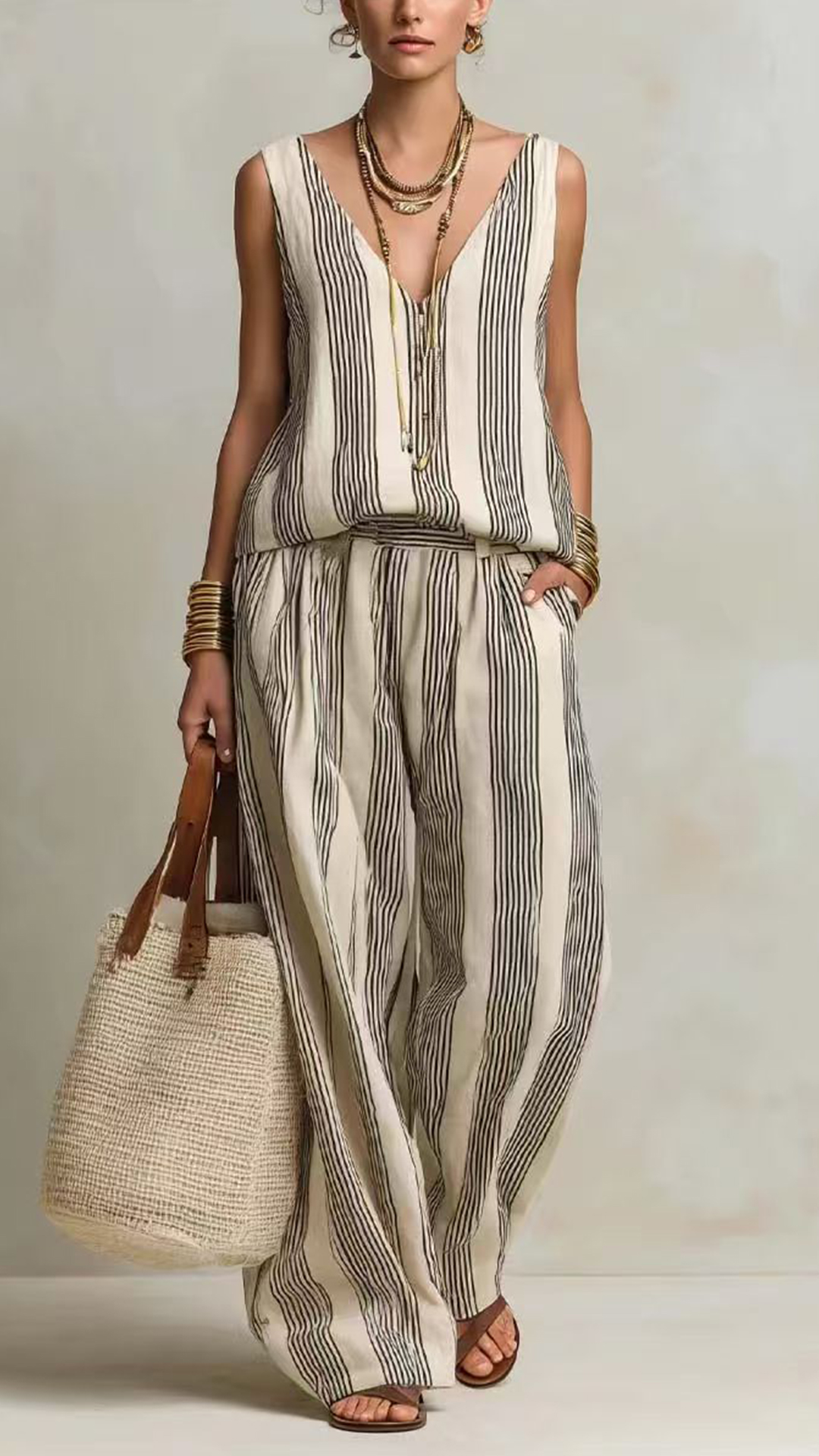 Women's Cotton-Blend Blue and White Vertical Striped Loose Sleeveless Set - Nordfashionstorm - Women's Clothing, Fashion for You - Nordfashionstorm.com